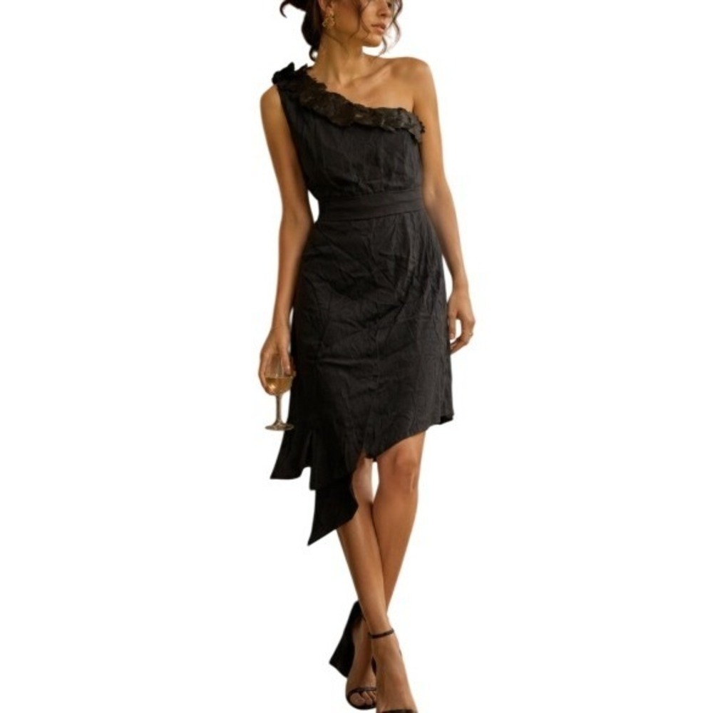Black Halo Helena Asymmetrical Mini Dress Feather 6 Black Cocktail LBD Goth Bird